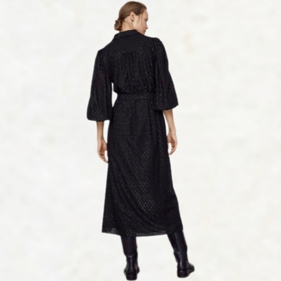 Zara Metallic Tinsel Chevron Balloon Sleeves Button Down Collar Midi Dress sz M - Picture 5 of 16